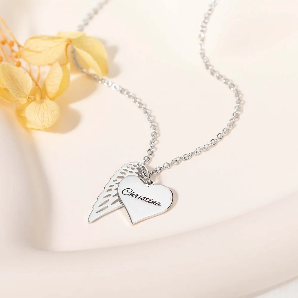 Custom Name Heart Necklace with Angel Wing