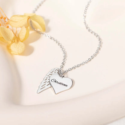 Custom Name Heart Necklace with Angel Wing