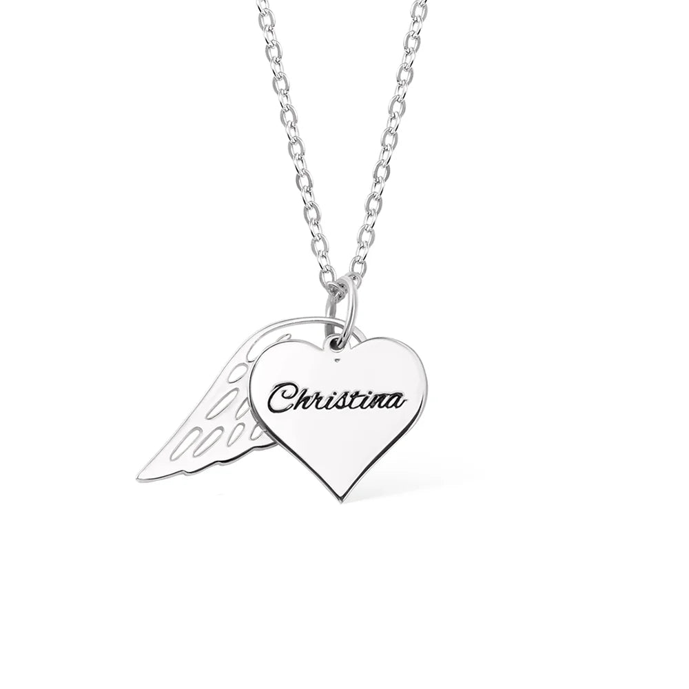Custom Name Heart Necklace with Angel Wing