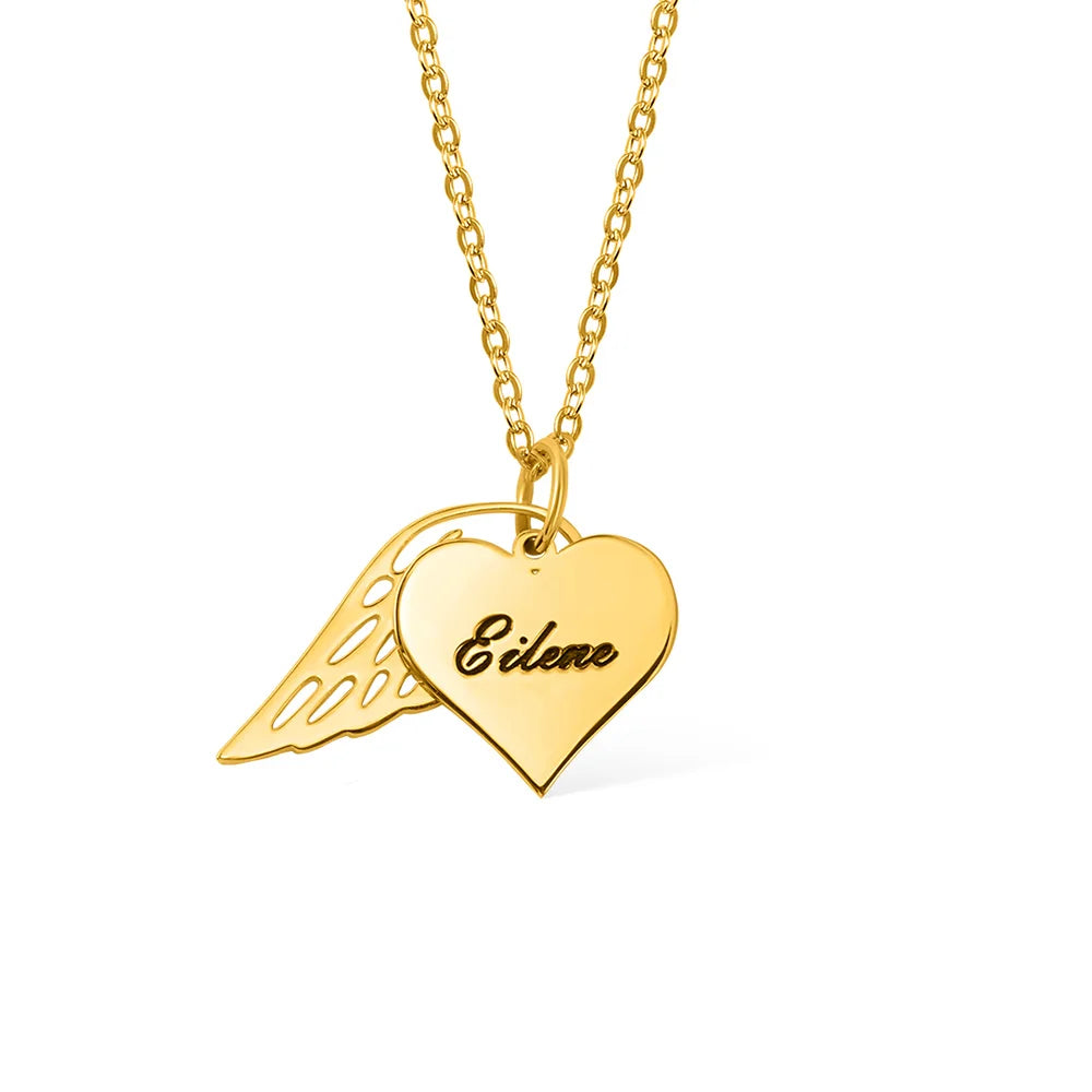 Custom Name Heart Necklace with Angel Wing