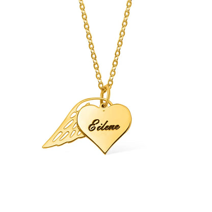 Custom Name Heart Necklace with Angel Wing