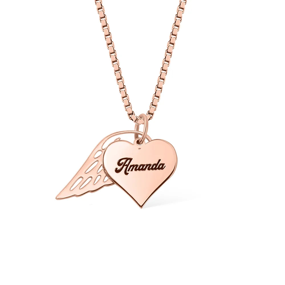 Custom Name Heart Necklace with Angel Wing