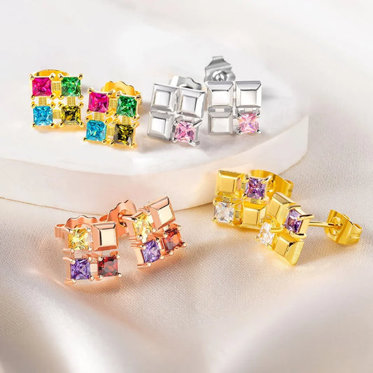 Custom Cube Birthstones Stud Earrings