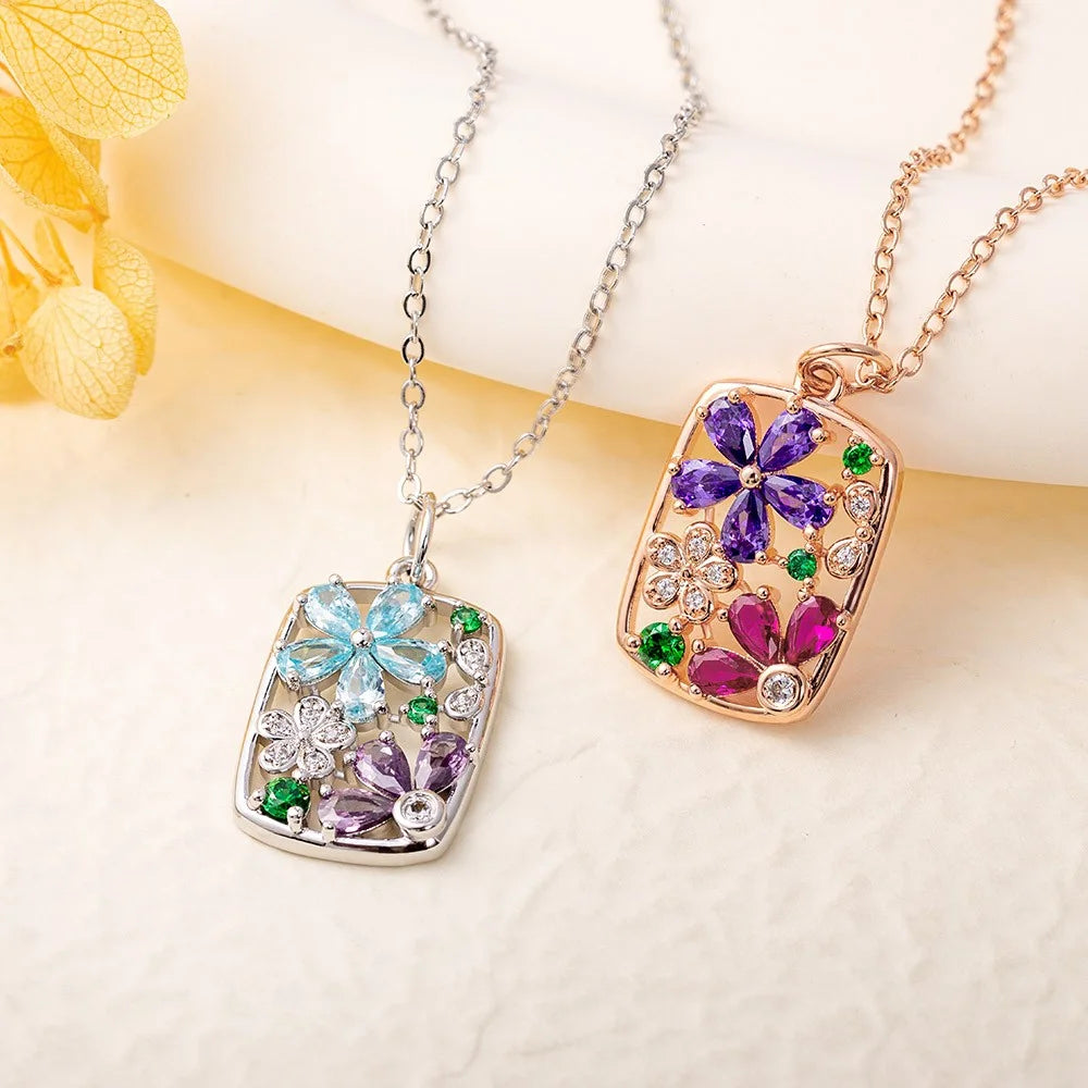 Custom Floral Necklace with 2 Birthstones