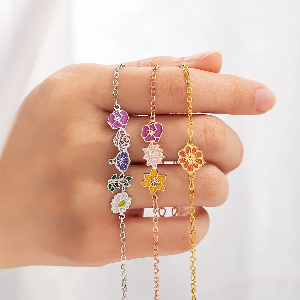 Custom Combined Colorful Birth Flowers Bracelet