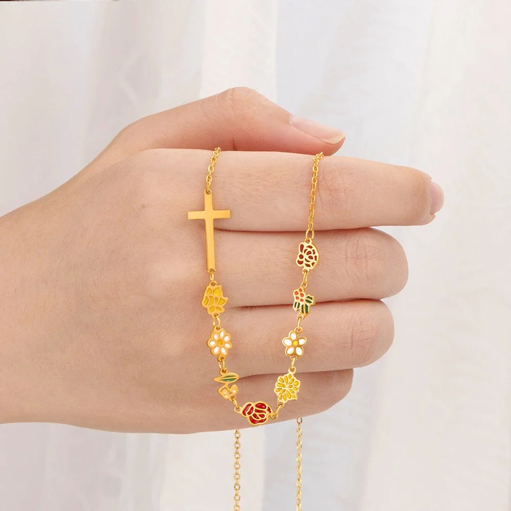 Combined Birth Flowers Cross Necklace