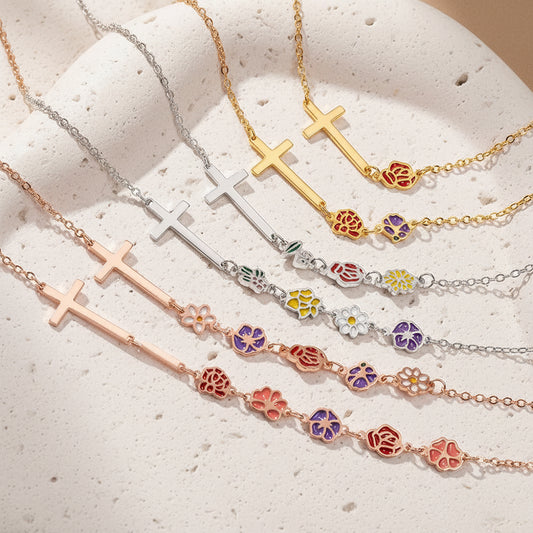 Combined Birth Flowers Cross Necklace