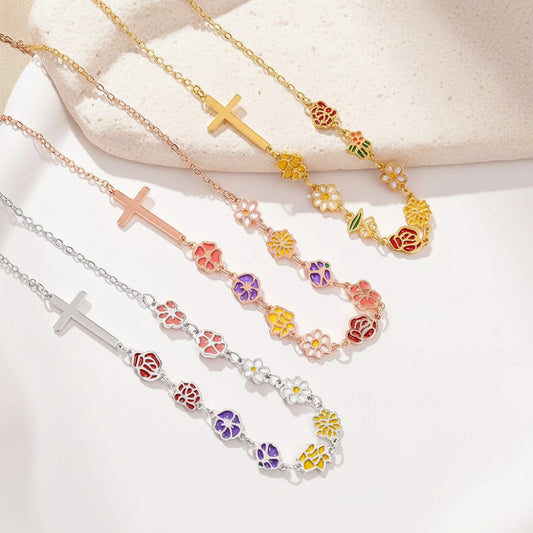 Combined Birth Flowers Cross Necklace