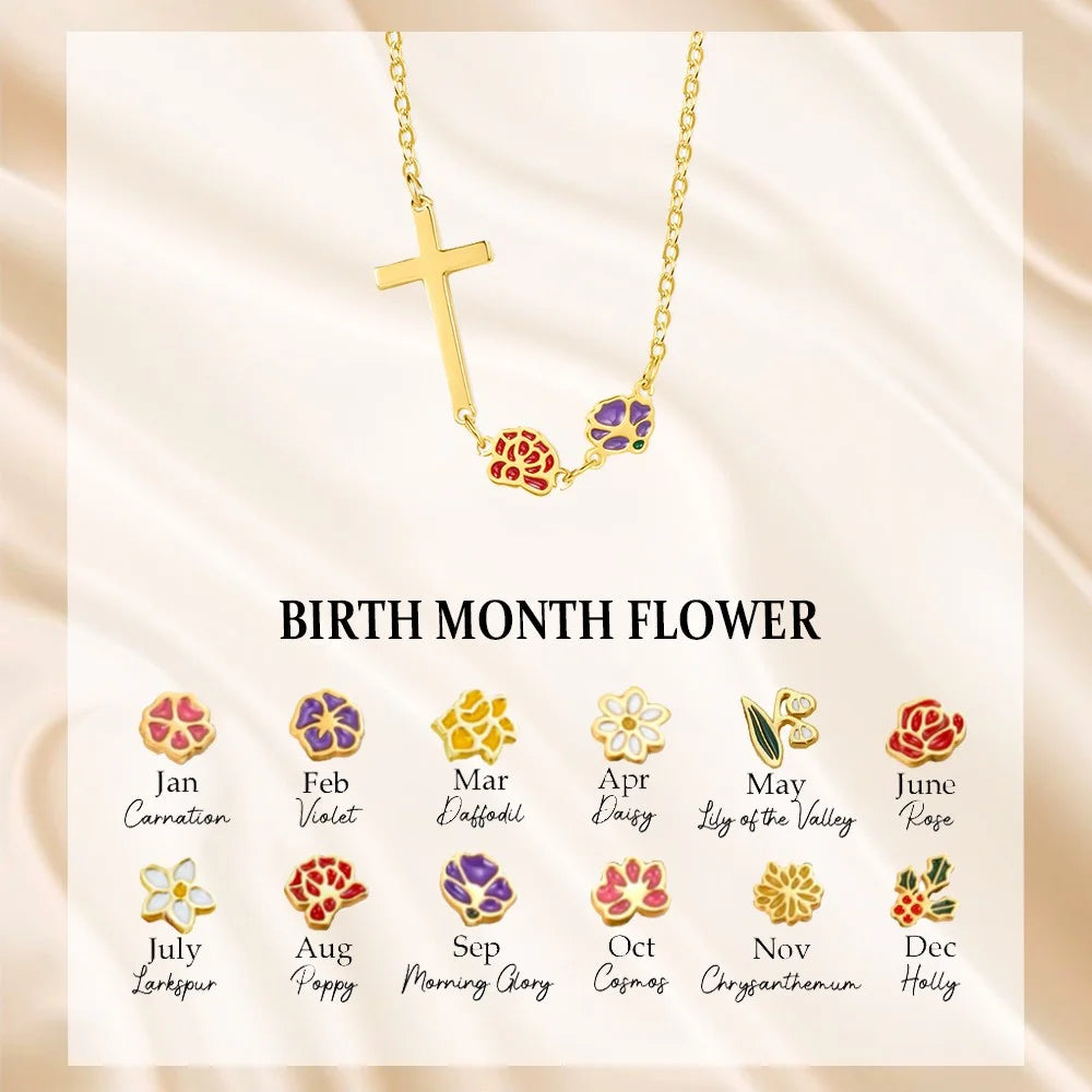 Combined Birth Flowers Cross Necklace