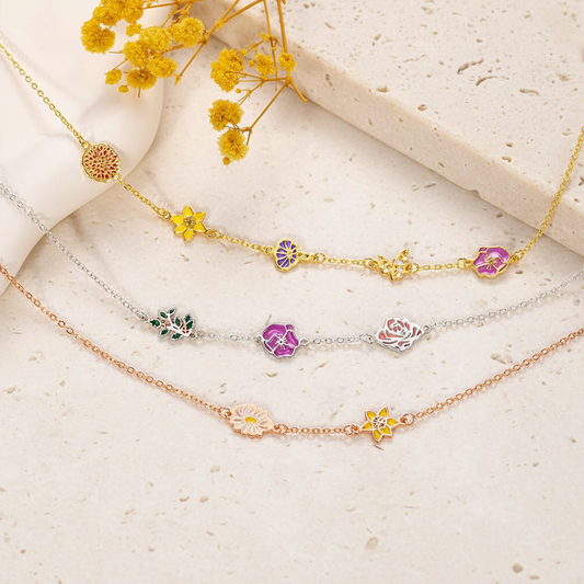 Custom Combined Colorful Birth Flowers Chain Necklace