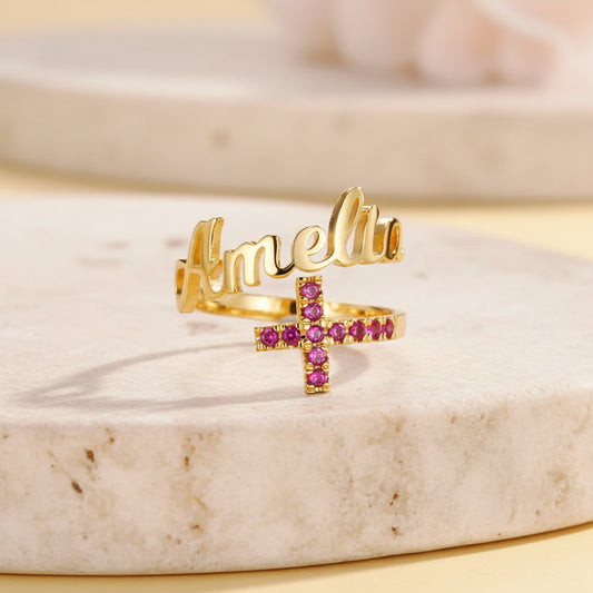 Personalized Name Cross Ring with Birthstones