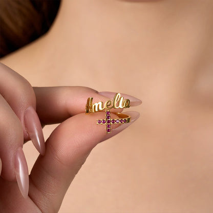 Personalized Name Cross Ring with Birthstones