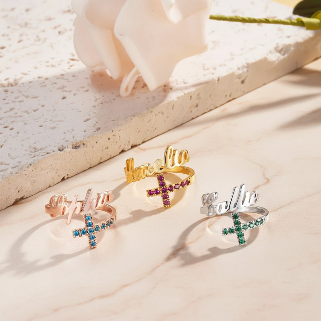 Personalized Name Cross Ring with Birthstones