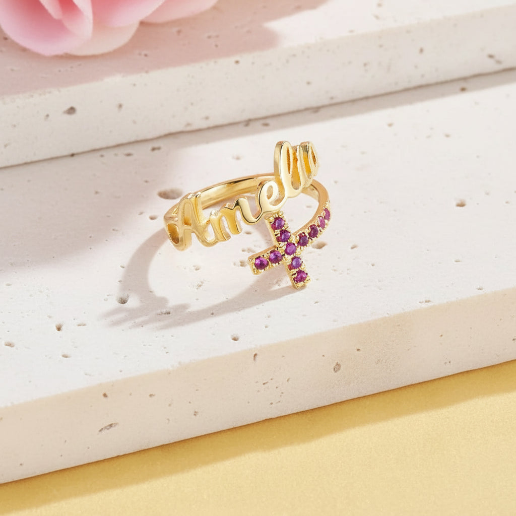 Personalized Name Cross Ring with Birthstones