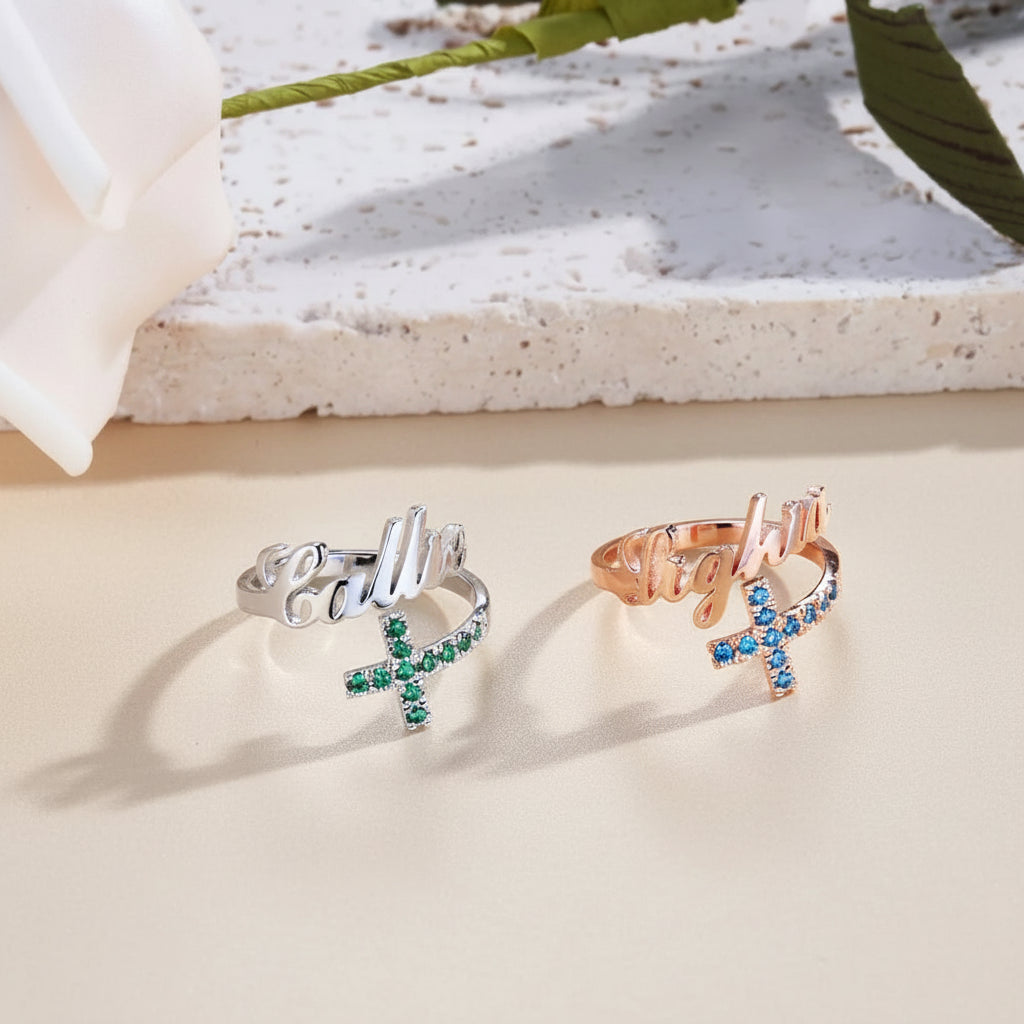 Personalized Name Cross Ring with Birthstones