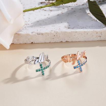 Personalized Name Cross Ring with Birthstones