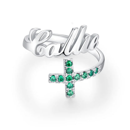 Personalized Name Cross Ring with Birthstones