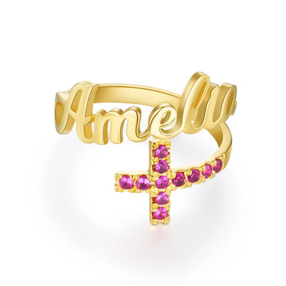 Personalized Name Cross Ring with Birthstones