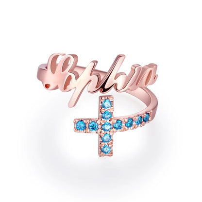 Personalized Name Cross Ring with Birthstones
