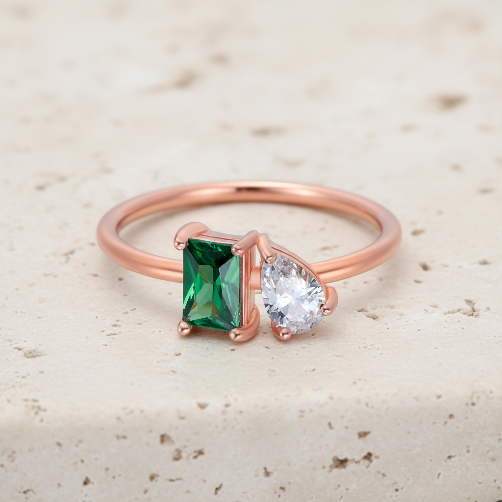 Personalized Emerald & Pear Cut Birthstone Ring