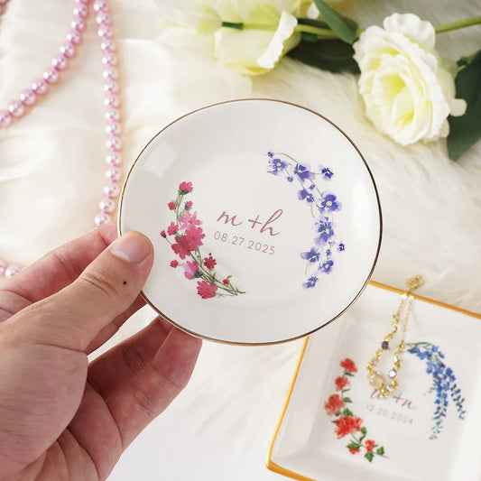 Custom Double Birth Flower Ring Dish with Initials & Date