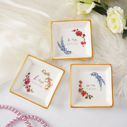 Custom Double Birth Flower Ring Dish with Initials & Date