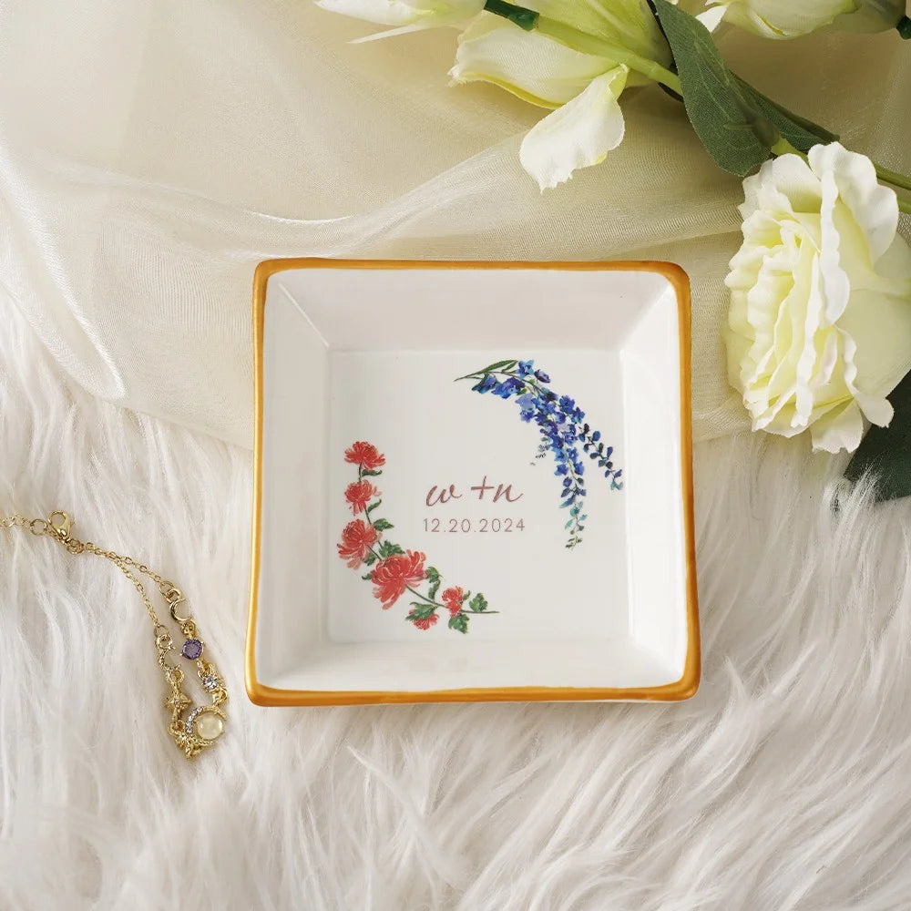 Custom Double Birth Flower Ring Dish with Initials & Date
