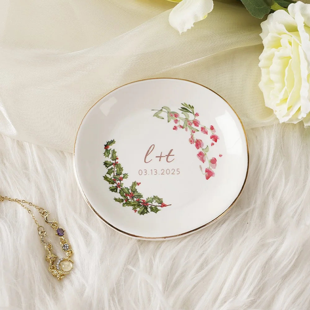 Custom Double Birth Flower Ring Dish with Initials & Date