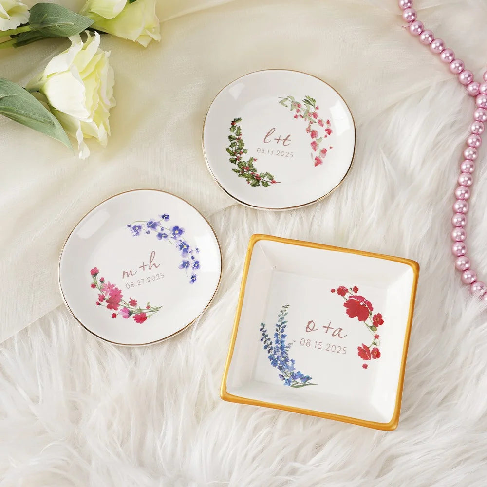 Custom Double Birth Flower Ring Dish with Initials & Date