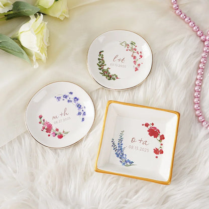 Custom Double Birth Flower Ring Dish with Initials & Date