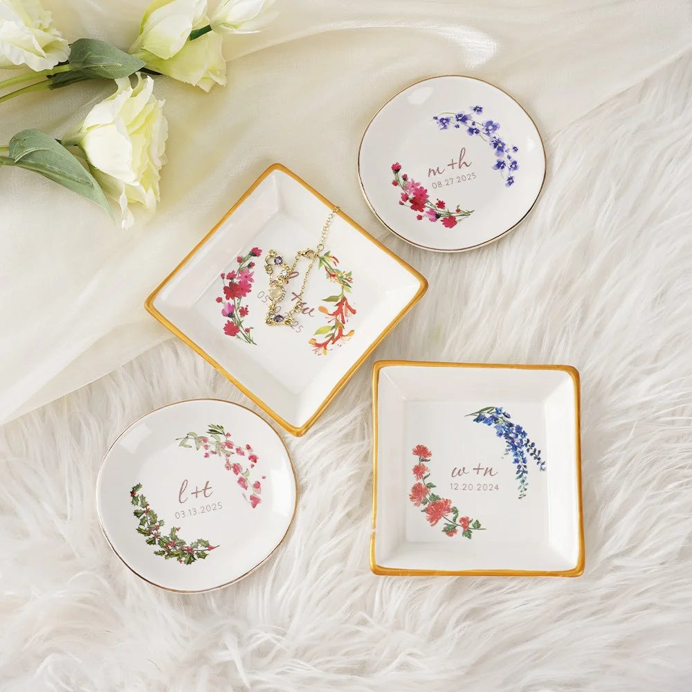 Custom Double Birth Flower Ring Dish with Initials & Date