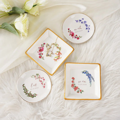 Custom Double Birth Flower Ring Dish with Initials & Date