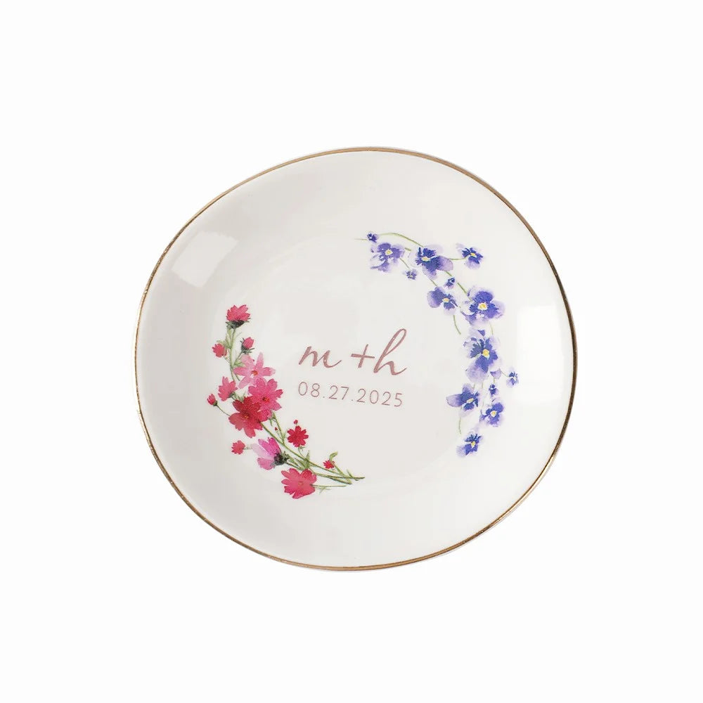 Custom Double Birth Flower Ring Dish with Initials & Date