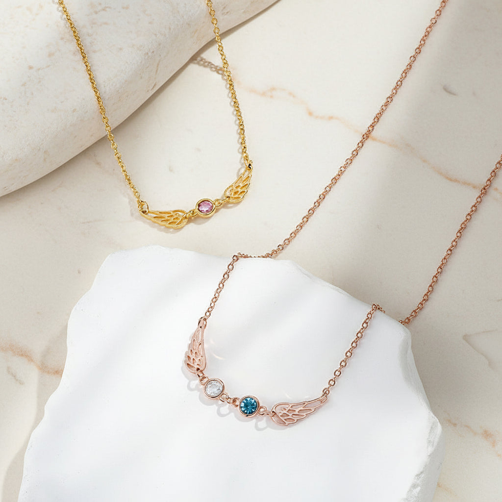 Custom 1-3 Birthstone Angel Wings Necklace