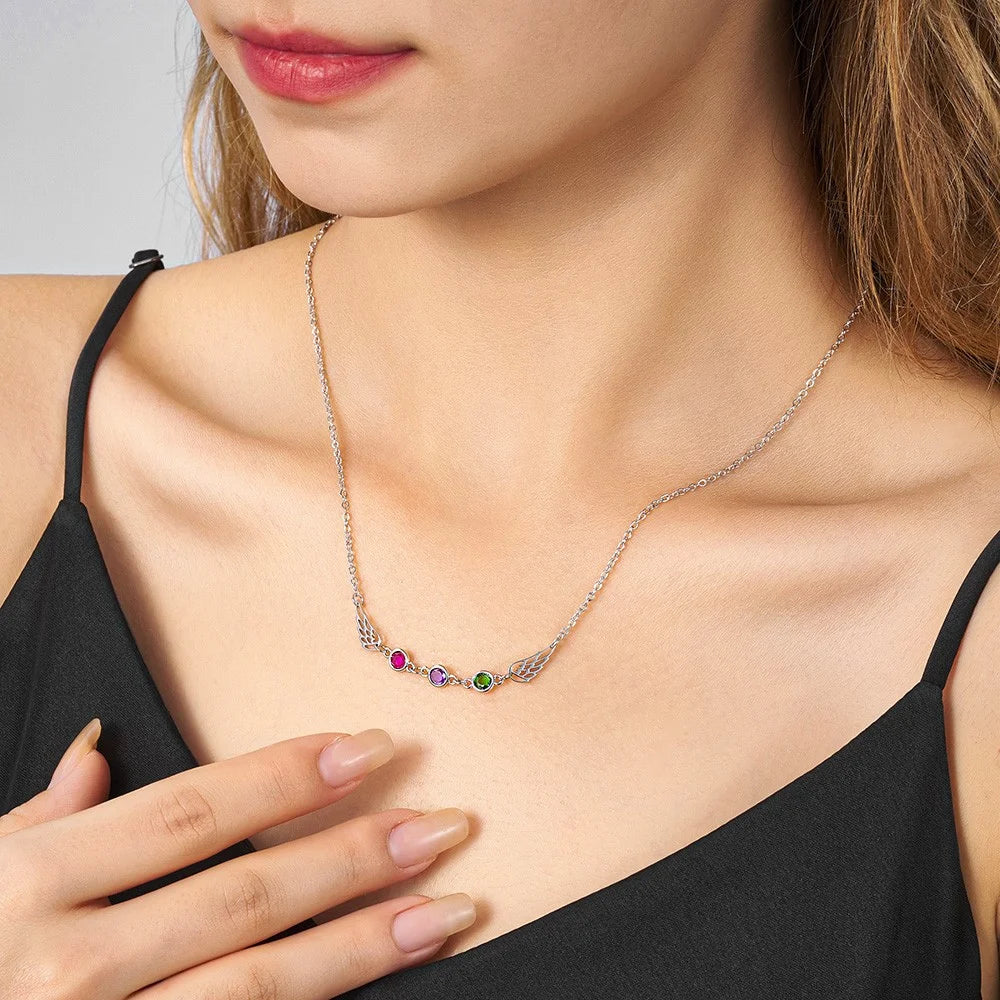 Custom 1-3 Birthstone Angel Wings Necklace