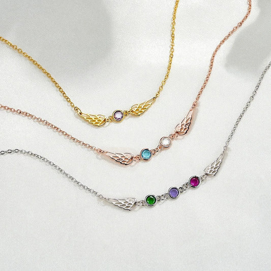 Custom 1-3 Birthstone Angel Wings Necklace