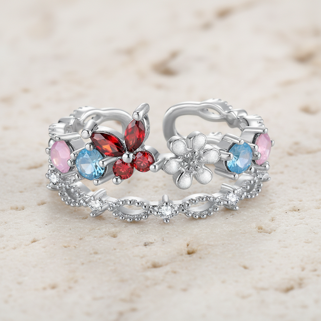 Personalized Birthstone Butterfly Floral Ring