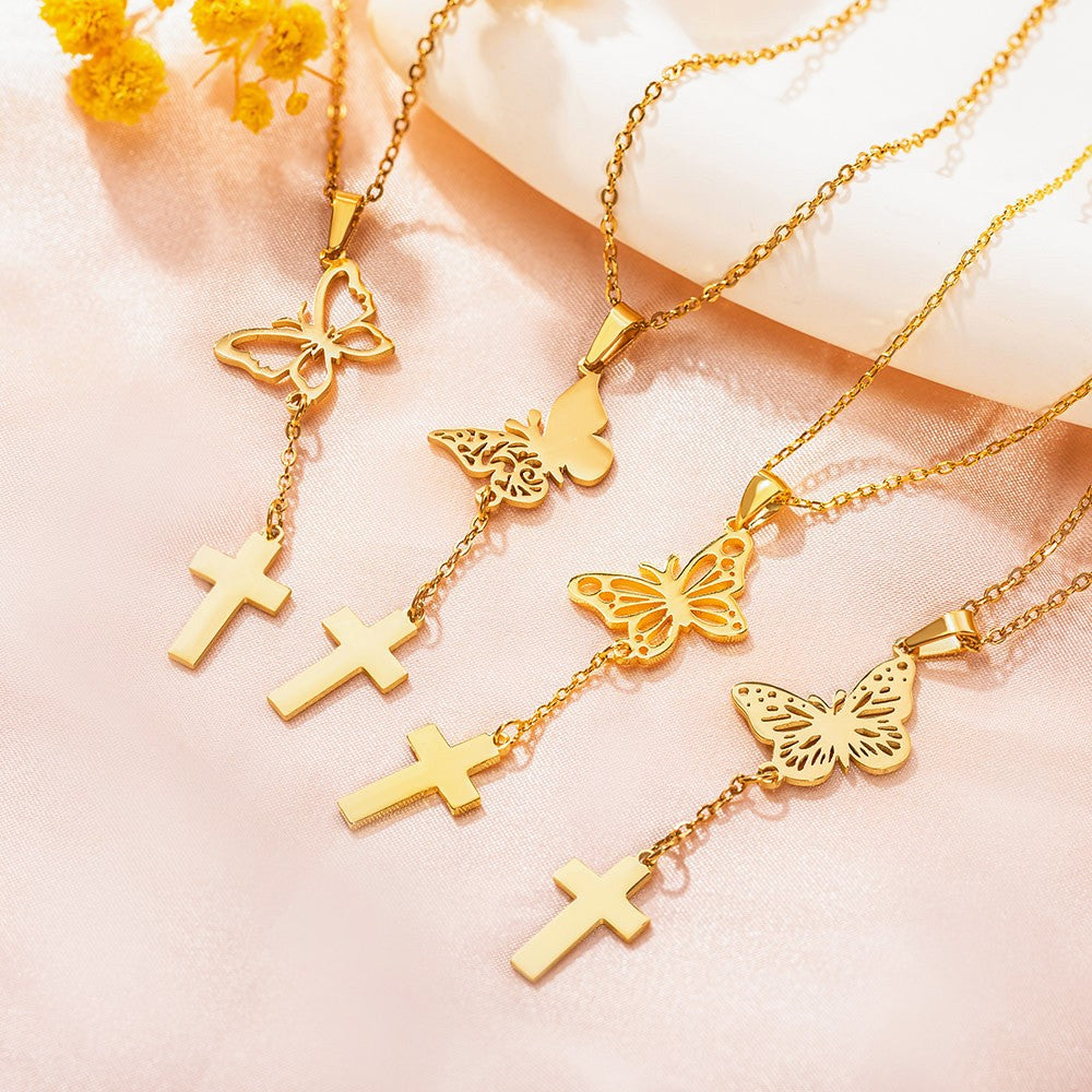 Custom Birth Butterfly Cross Necklace