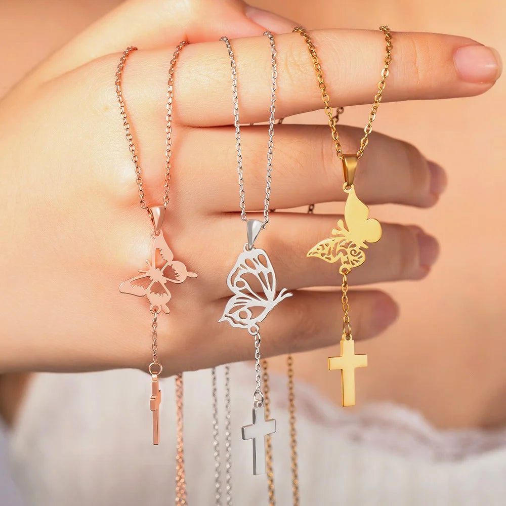 Custom Birth Butterfly Cross Necklace