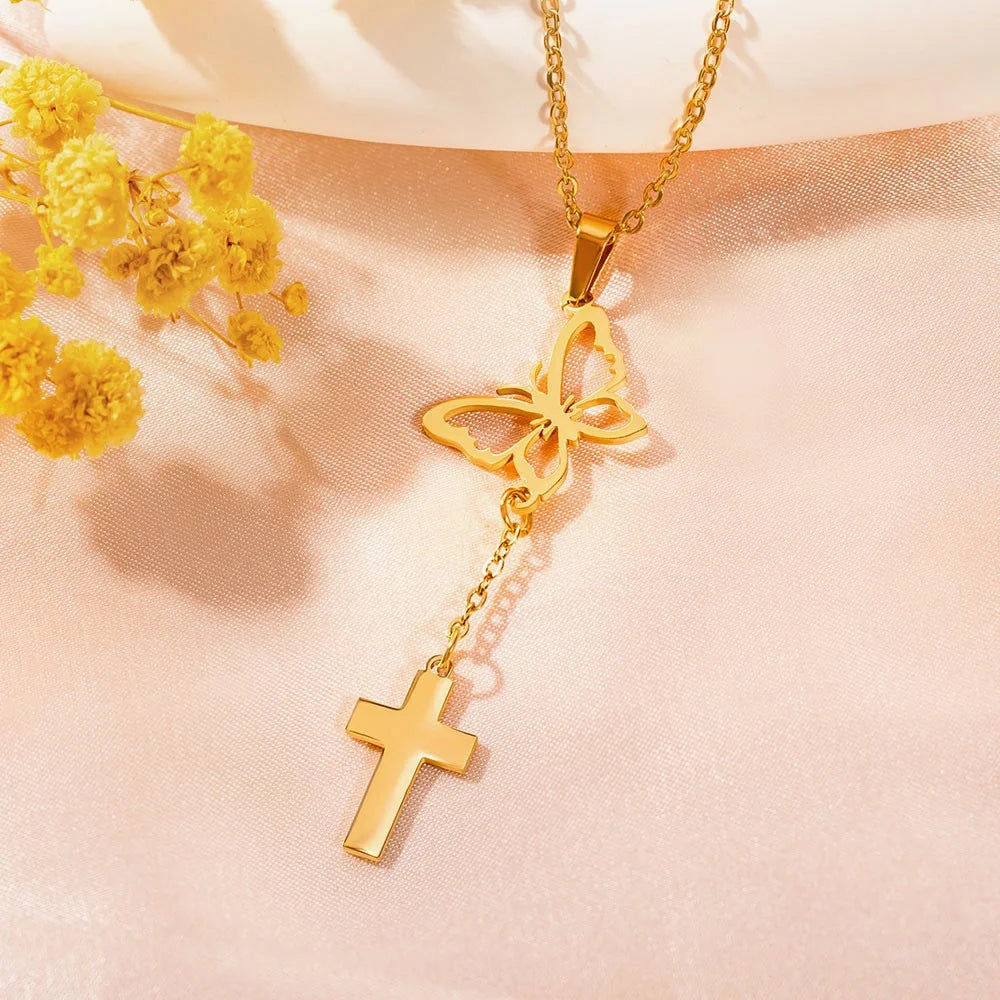Custom Birth Butterfly Cross Necklace
