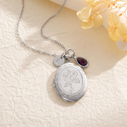 Custom Birth Flower Locket Necklace with Birthstone & Charm