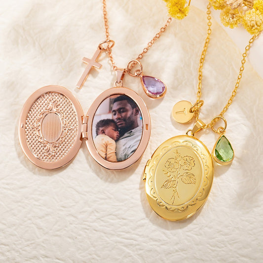 Custom Birth Flower Locket Necklace with Birthstone & Charm