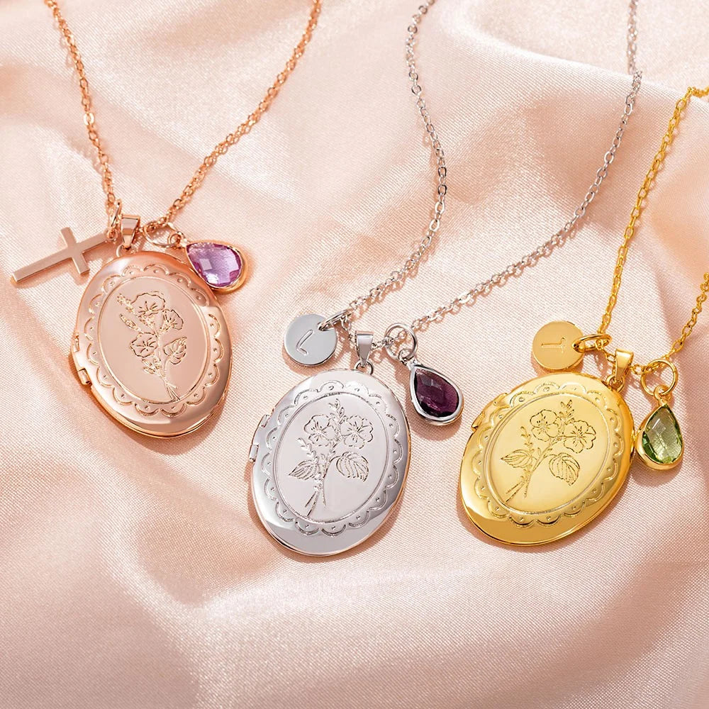 Custom Birth Flower Locket Necklace with Birthstone & Charm