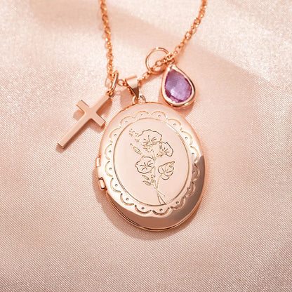 Custom Birth Flower Locket Necklace with Birthstone & Charm