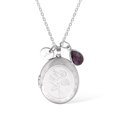 Custom Birth Flower Locket Necklace with Birthstone & Charm