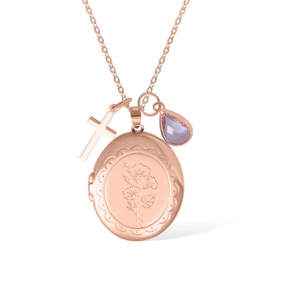 Custom Birth Flower Locket Necklace with Birthstone & Charm
