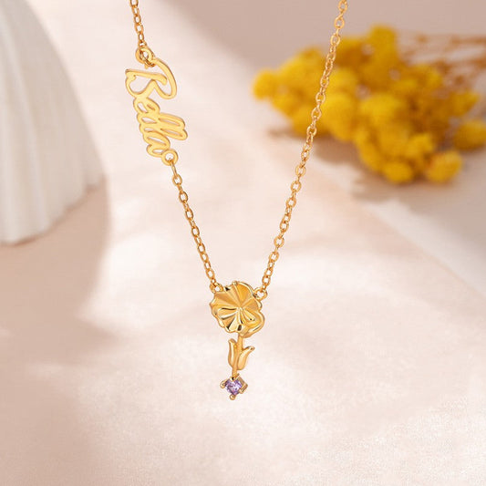 Personalized Y Name Necklace with Birth Flower & Birthstone