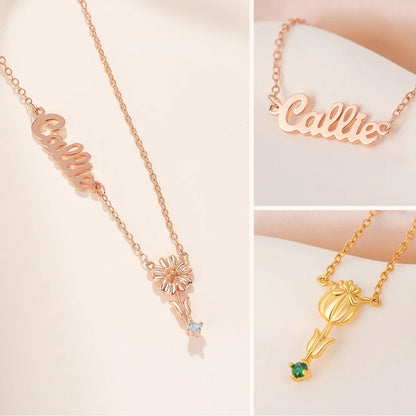 Personalized Y Name Necklace with Birth Flower & Birthstone