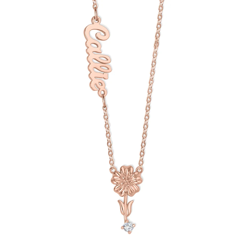 Personalized Y Name Necklace with Birth Flower & Birthstone