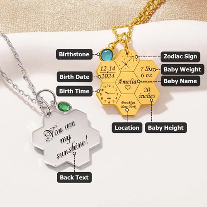 Engraved Baby Birth Stats Honeycomb Necklace